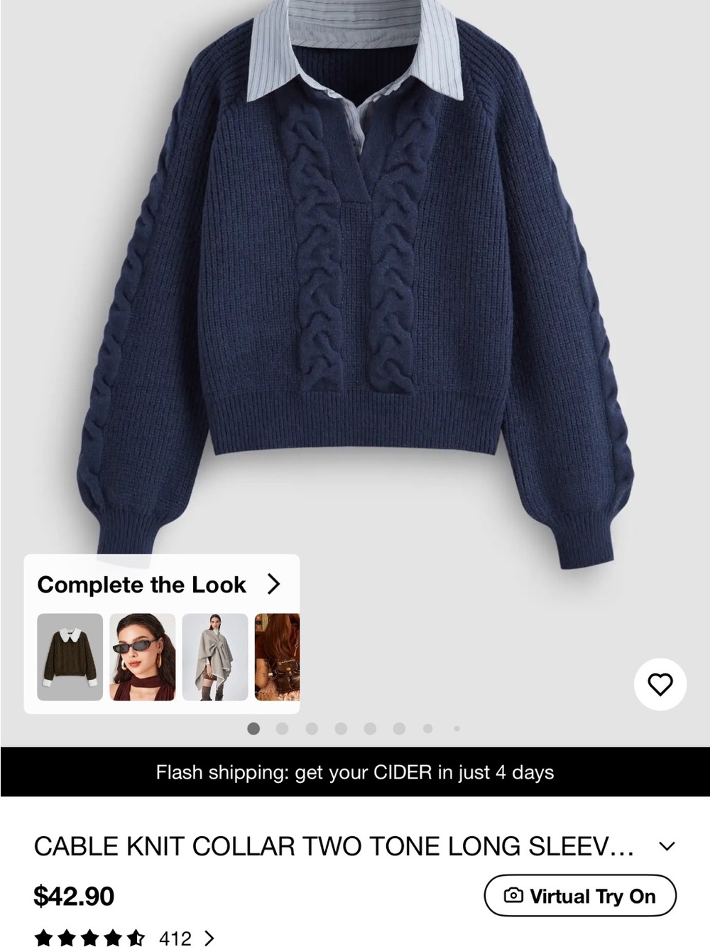 Cider Navy Cable-Knit Sweater with Built-In Collar
